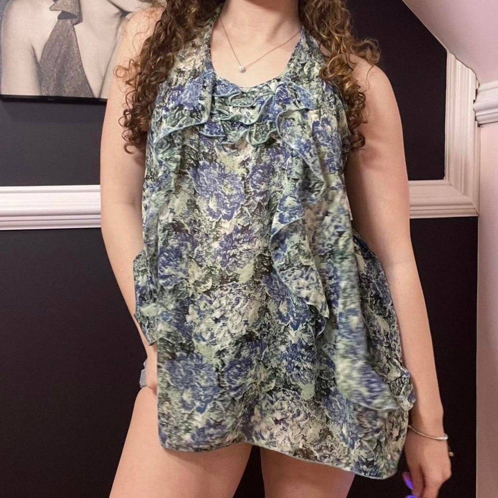 🧁y2k blue and green ruffle flowy tank top medium